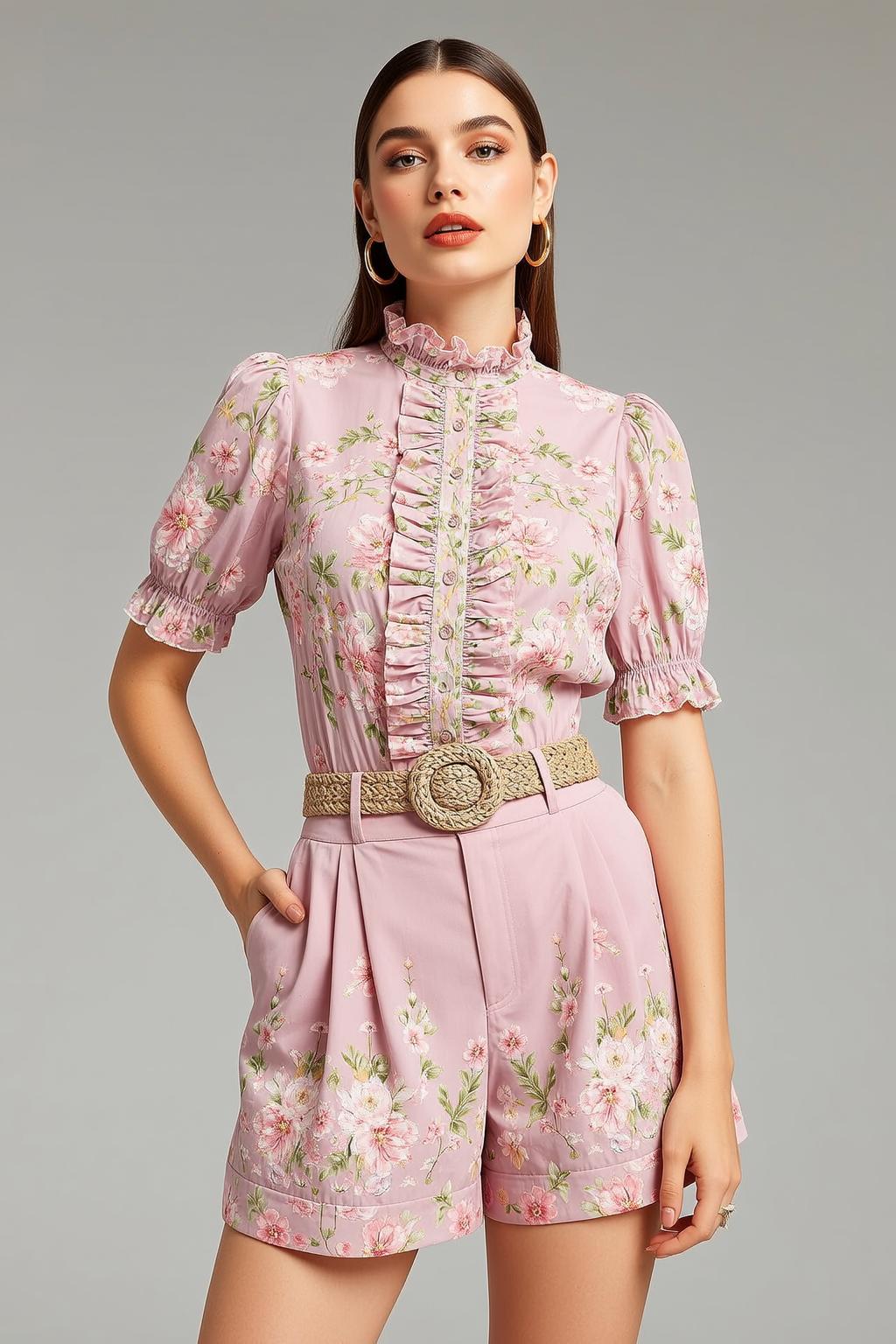 Pink Floral Blouse Raffia Belt