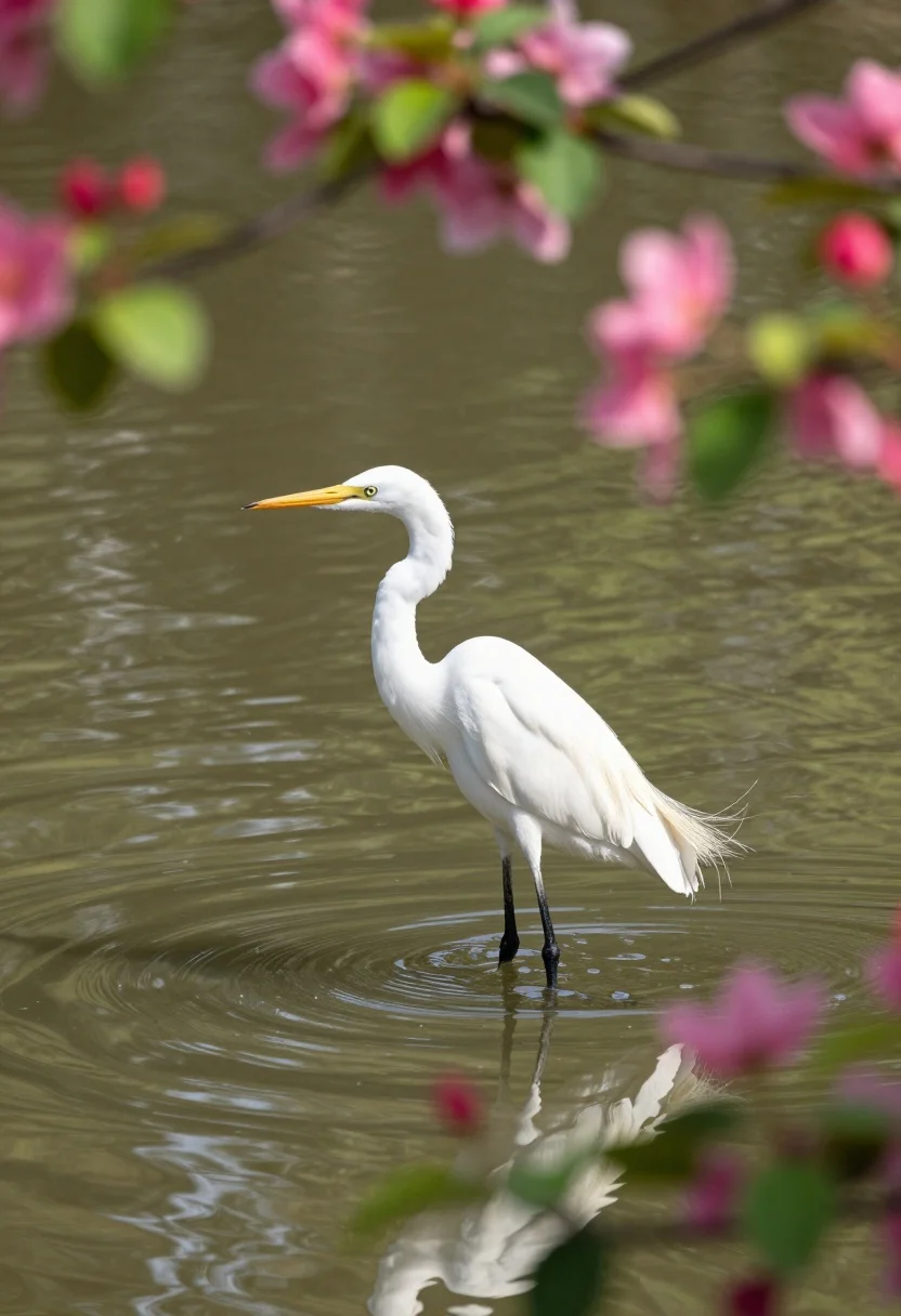 Serene White Egret Stands Gracefully Shallow Water Framed Vibrant Pink