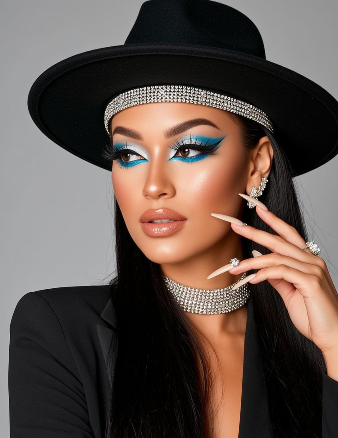 Makeup Photorealistic Long Straight Black Hair Wide-brimmed