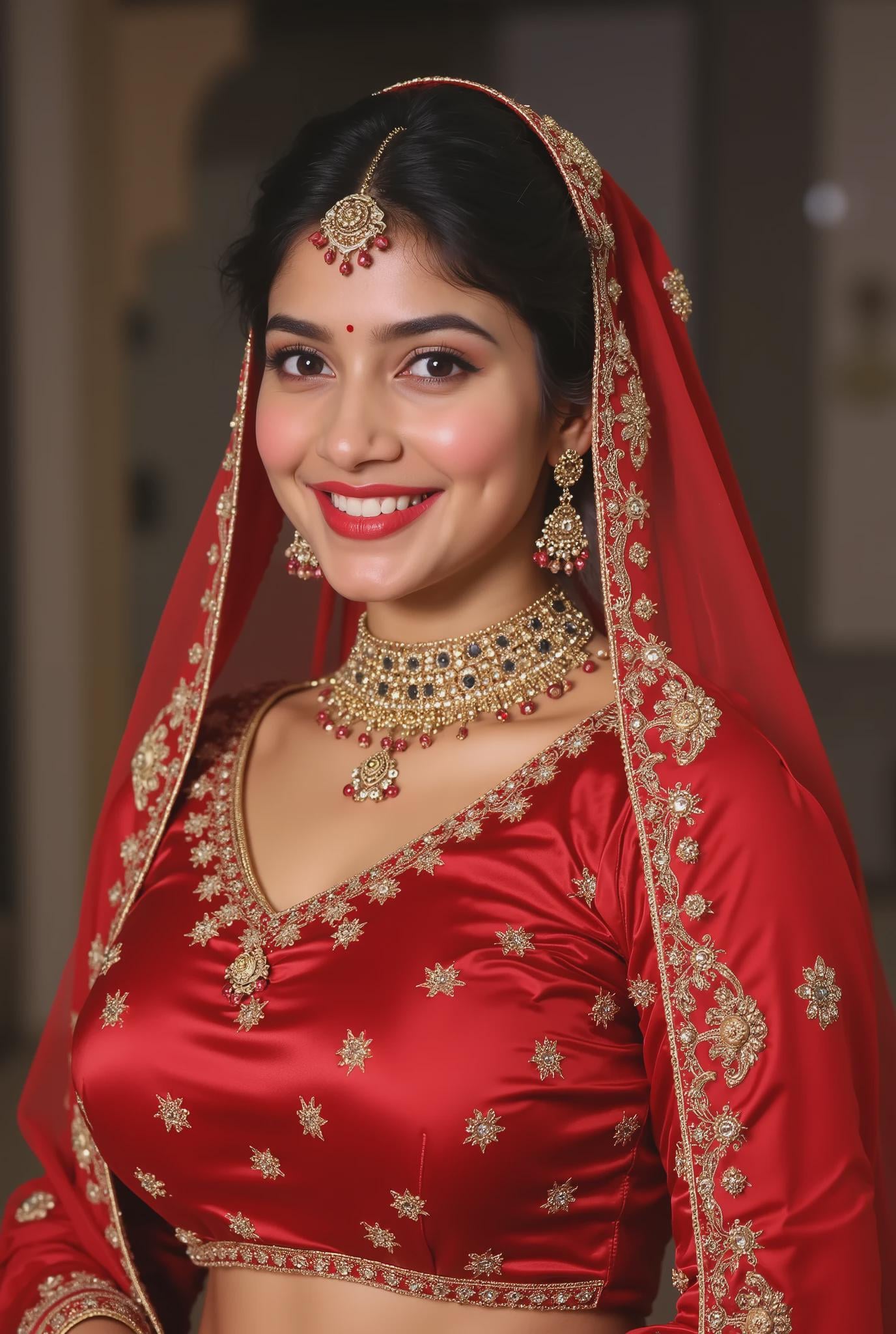 Bridal Lehenga With Gold Embroidery And Jewelry
