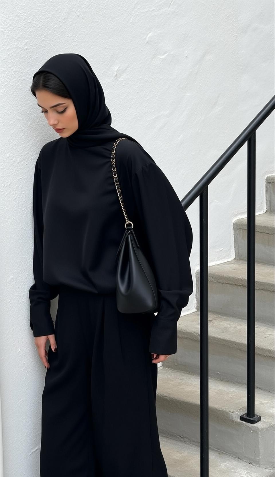 Casual Young Black Light Long-sleeved Top Wide-leg