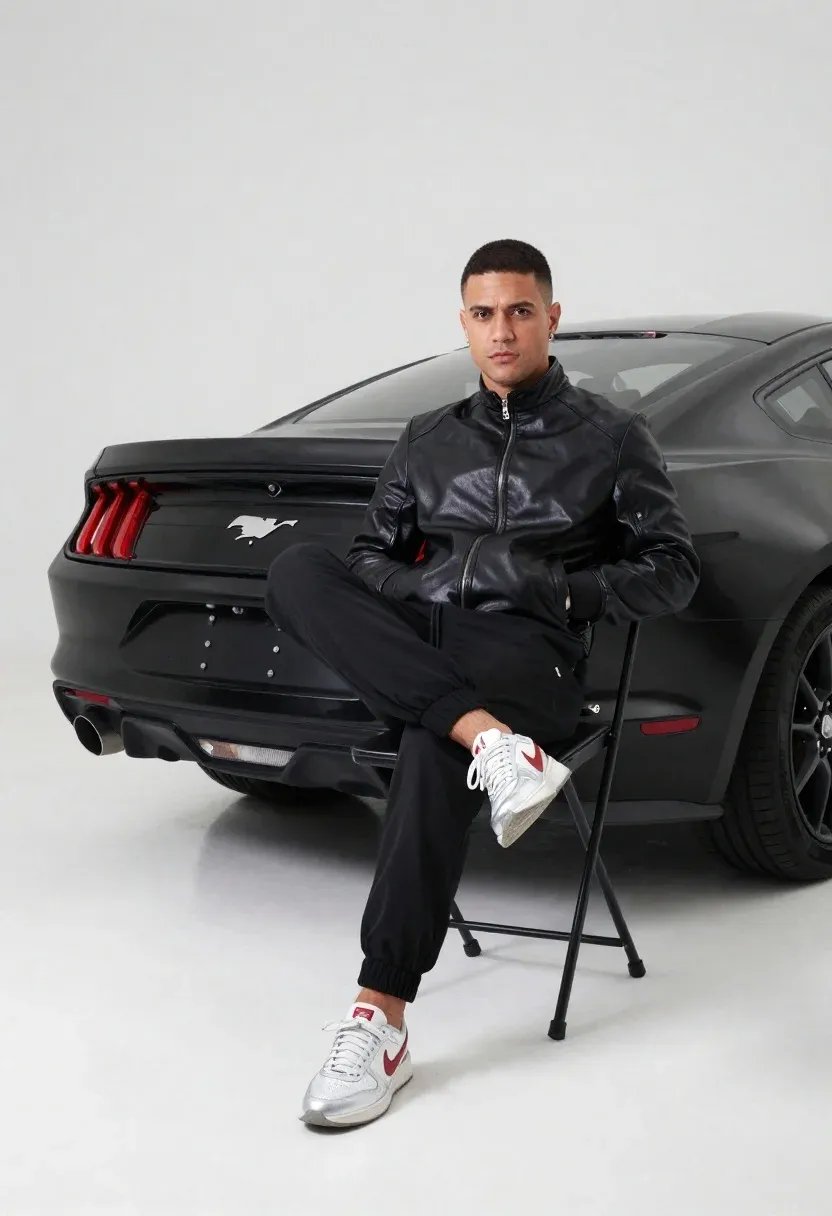 Man With Short Dark Hair Sits Confidently Black Folding Chair