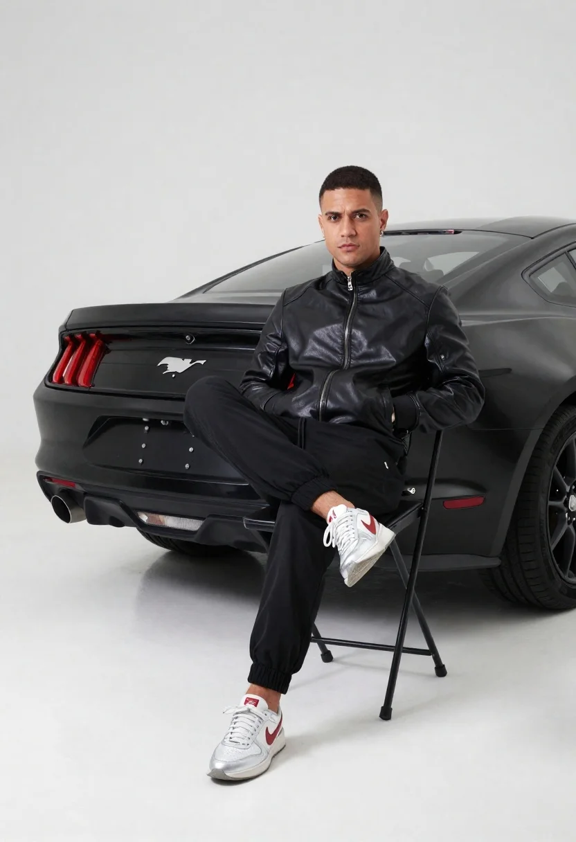 A man with short dark hair sits confidently on a black folding chair in front of a matte black Ford Mustang.