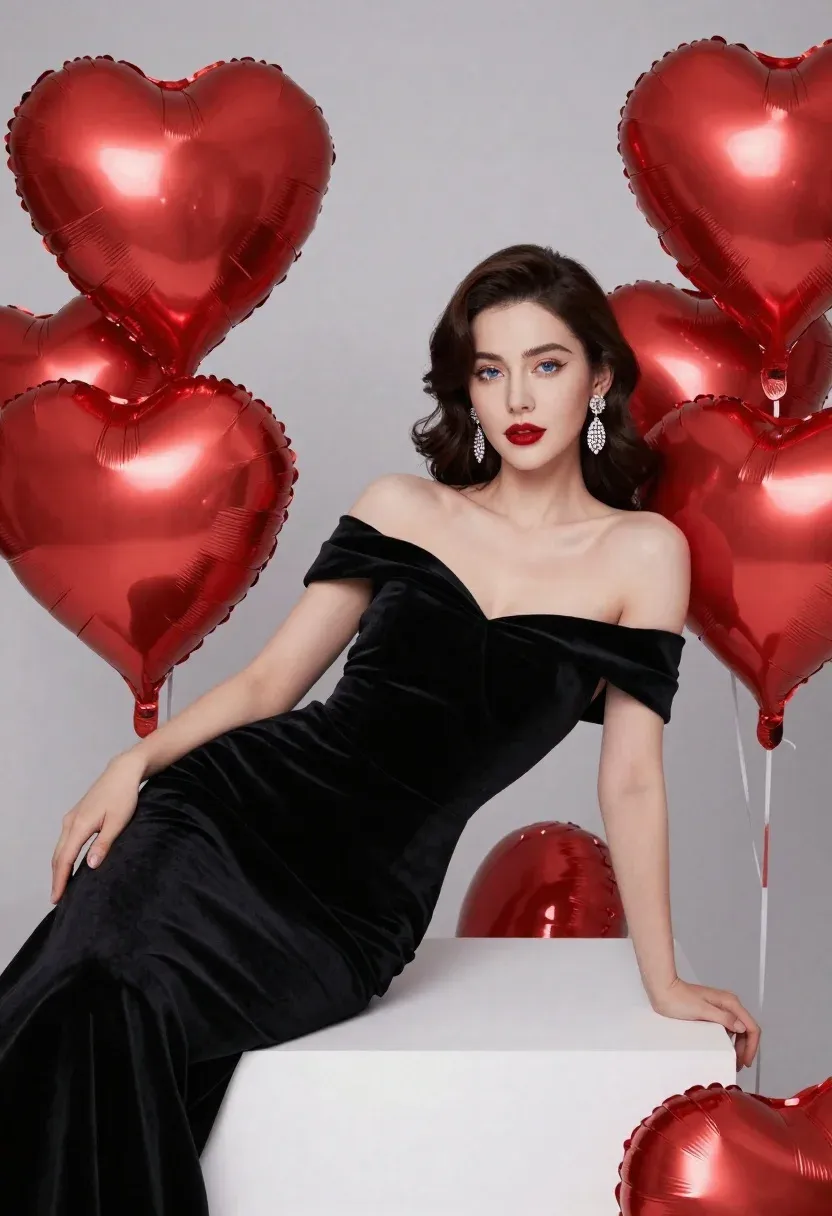 Glamorous Woman Reclines Elegantly White Block Surrounded Large Red Heart-shaped