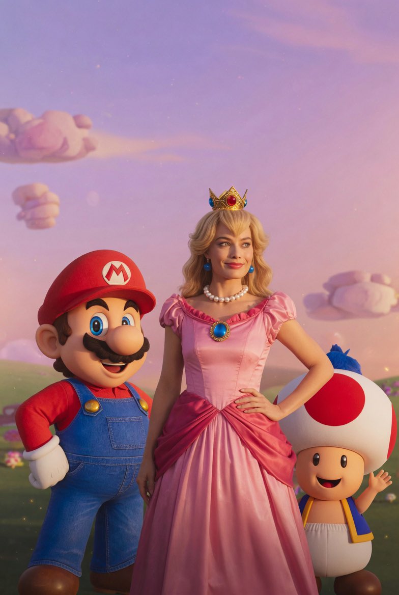 Mario Peach Toad Grassy Field Pastel Sky