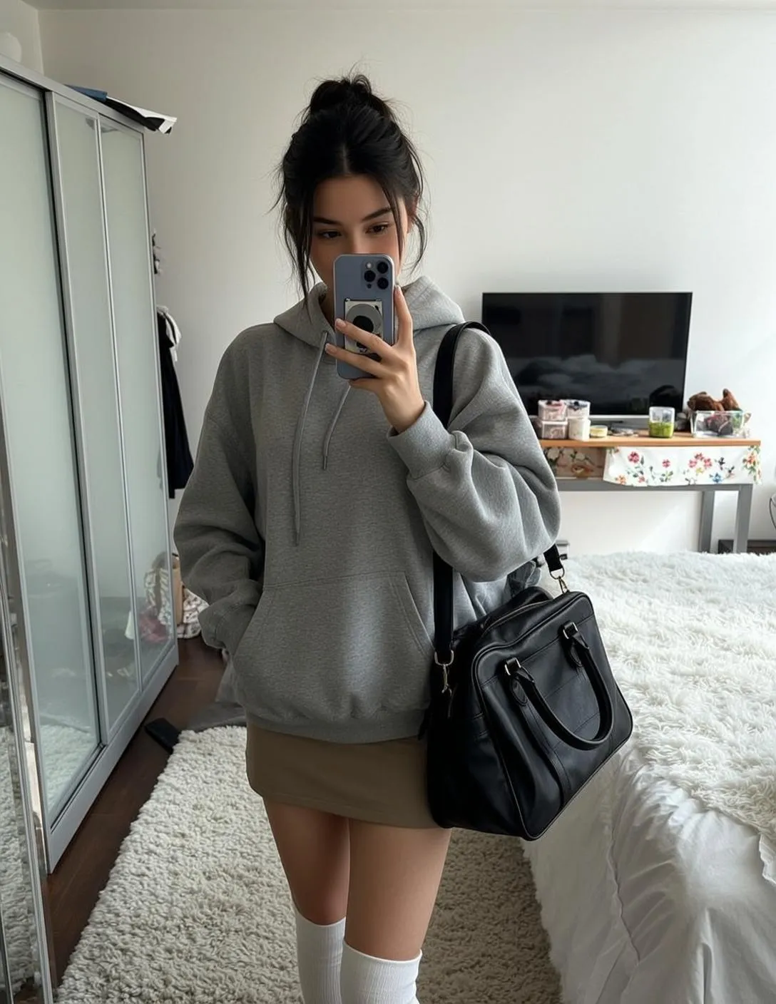 Oversized Hoodie Bedroom Mirror Selfie