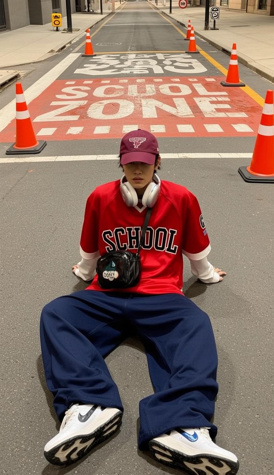 School Zone Street Sitting Dark Hair Baseball Jersey