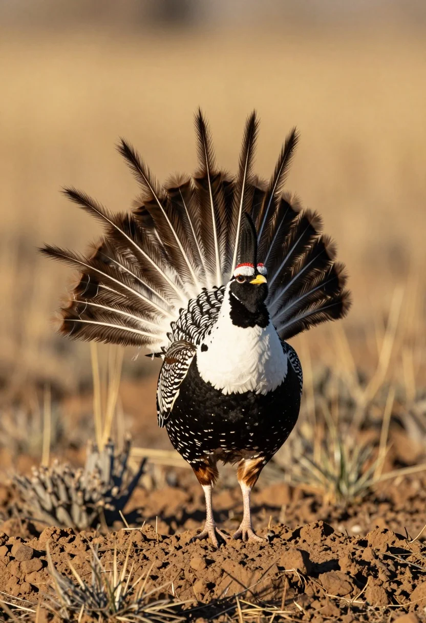 Male Greater Prairie-Chicken performing a mating display on a mound of earth, illuminated by warm sunlight.