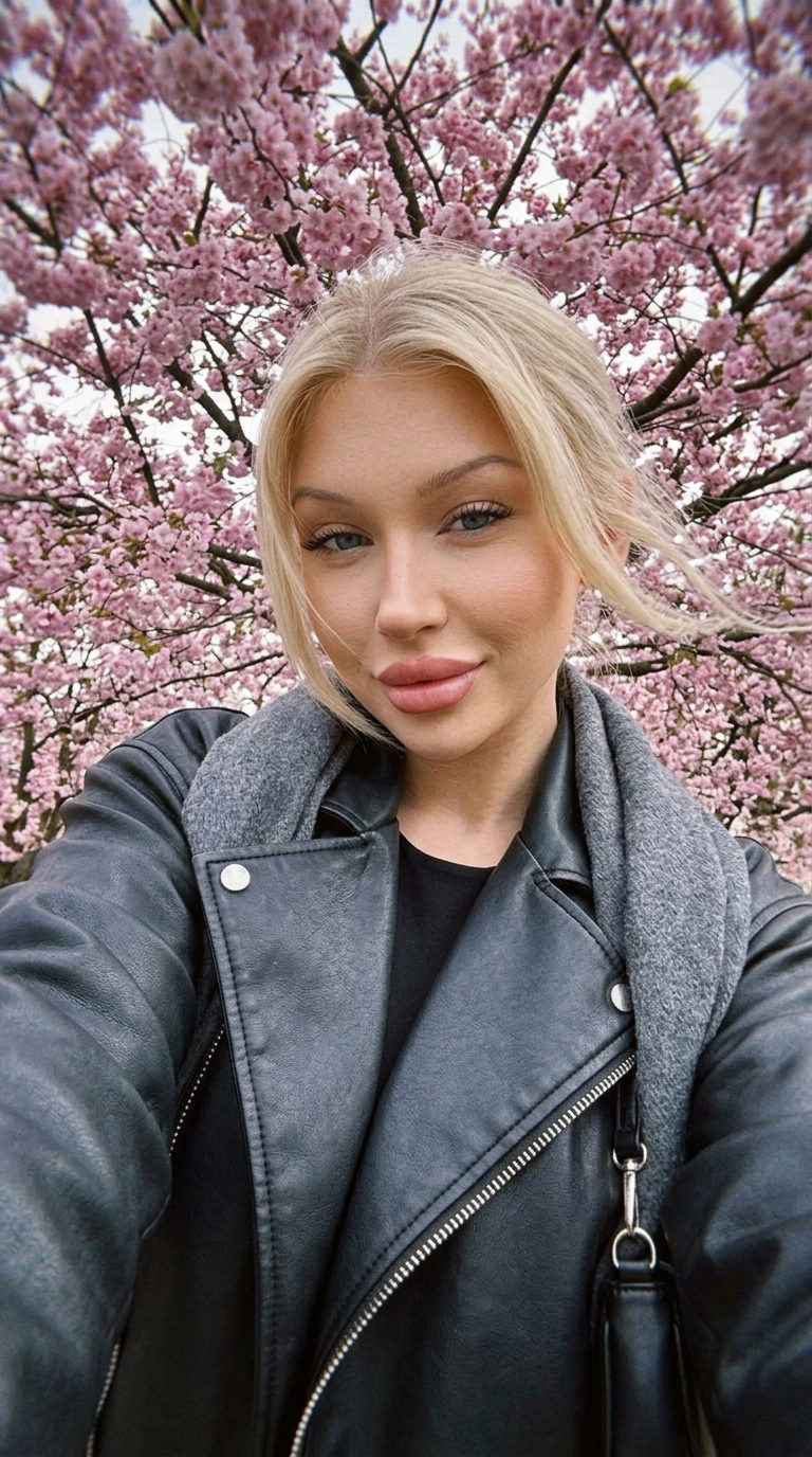 A confident woman in a black leather jacket smiles while taking a selfie, with pink sakura branches framing the background.