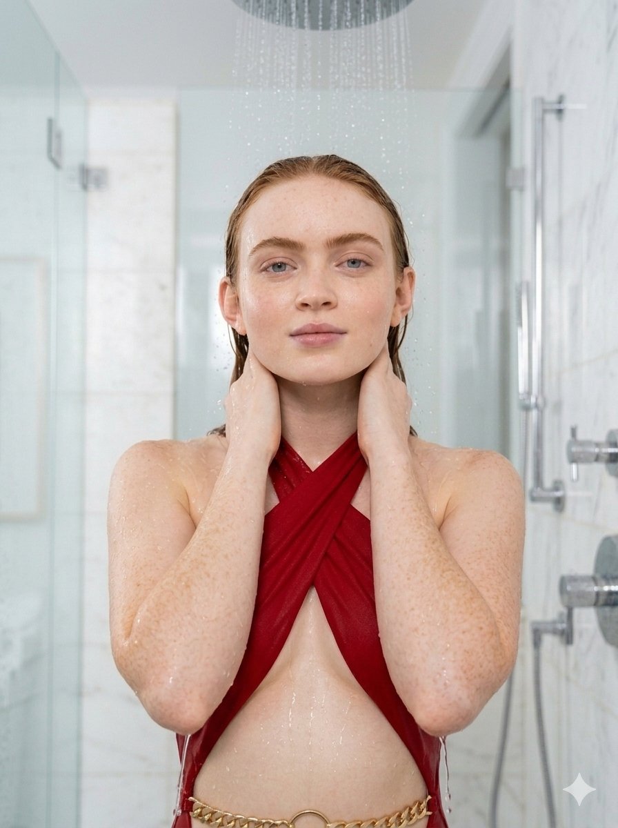 Red Swimsuit In Modern Marble Shower