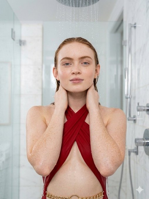 Medium close-up portrait of a woman in a red swimsuit in a modern marble shower with water cascading down.
