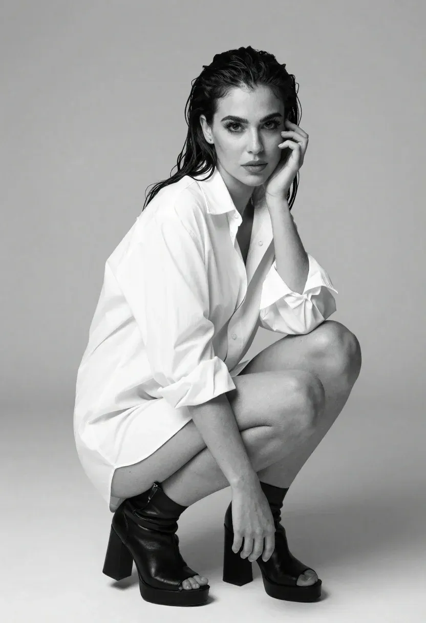 Monochrome Studio Portrait Woman Crouching Low The Floor With Intense