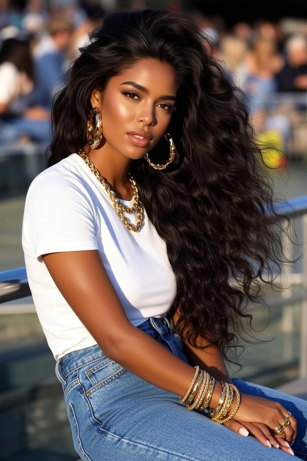 Woman Waterfront Golden Hour Confident Smile