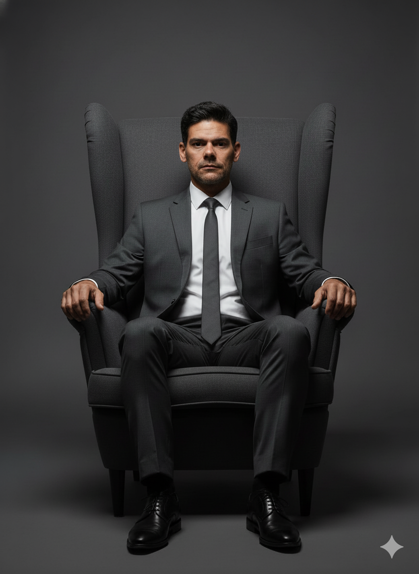 A powerful portrait of a person seated in a high-backed armchair, dressed in a dark gray suit, against a minimalist dark gray backdrop.