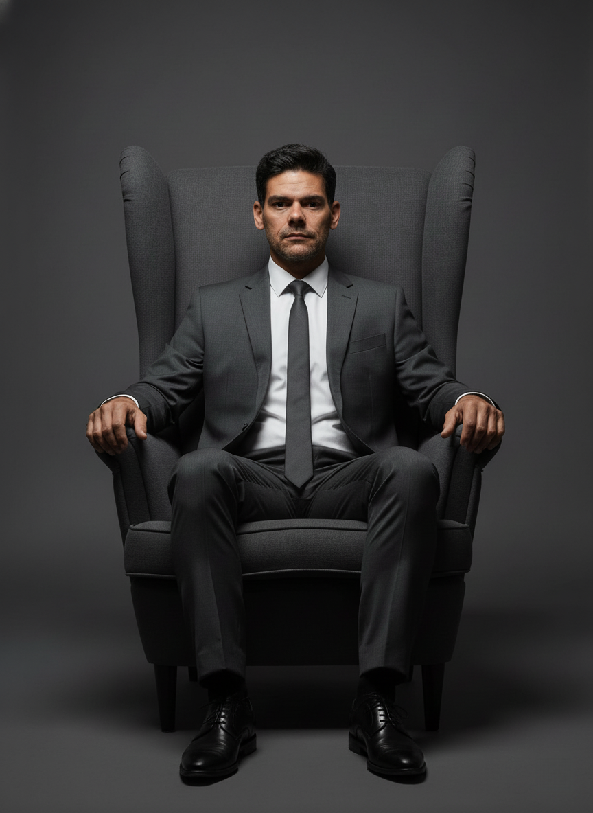 A powerful portrait of a person seated in a high-backed armchair, dressed in a dark gray suit, against a minimalist dark gray backdrop.