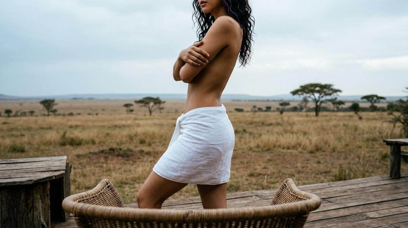 Short White Towel Wrapped Tight Around Hips On Weathered Rustic