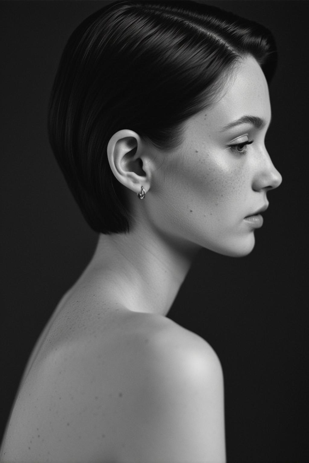 Photorealistic Medium Shot Black And White Portrait Young Woman With