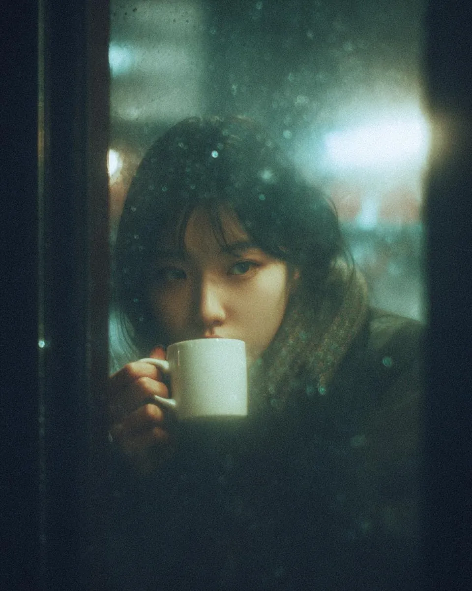 Woman Cafe Night Rain Window