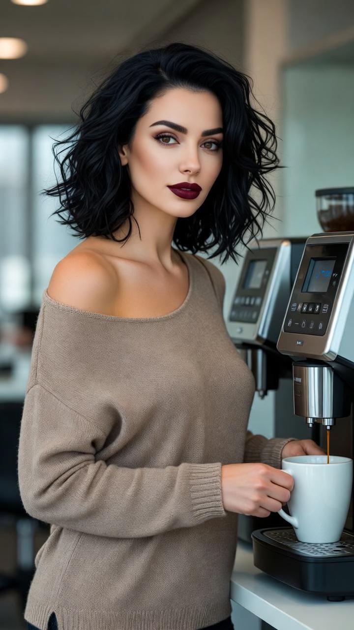 A woman in a taupe off-the-shoulder sweater brewing coffee in a modern office.