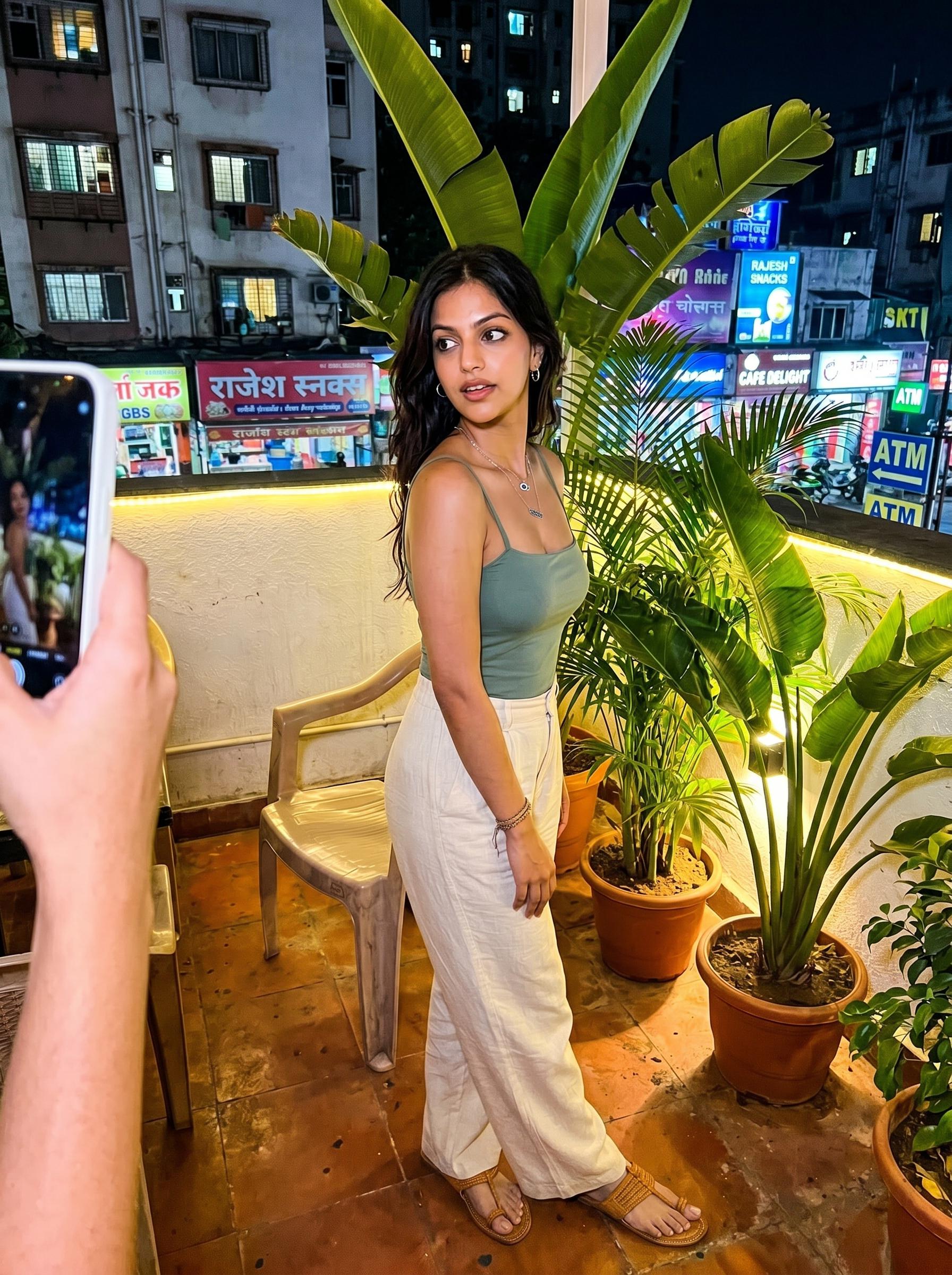 Sage Green Spaghetti Strap Camisole And Waisted On Balcony
