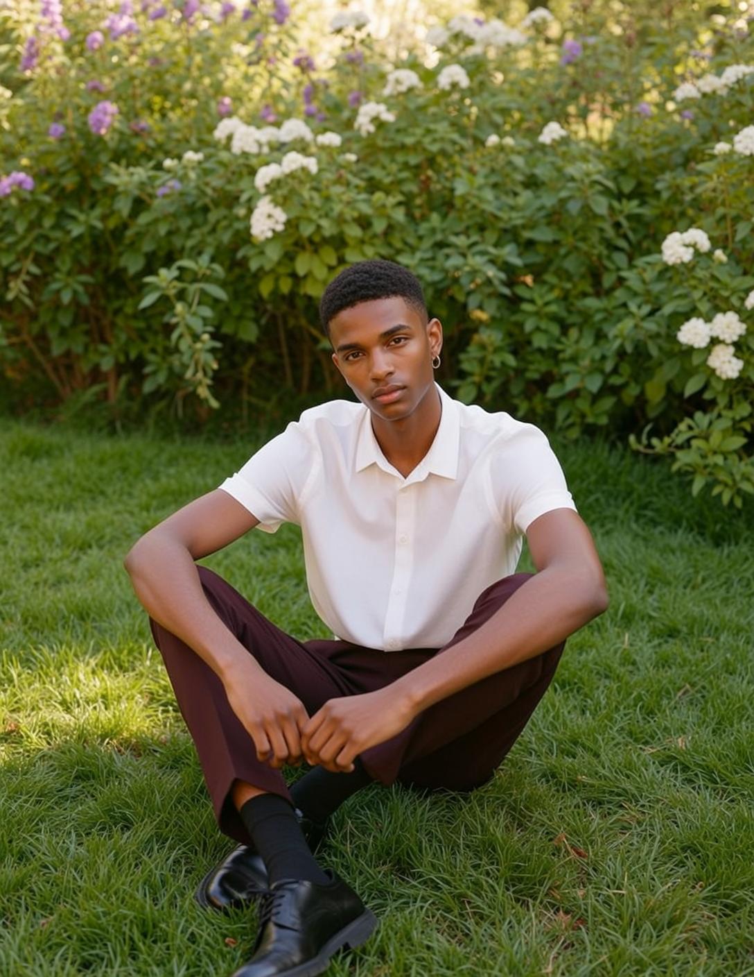 Explore Young Seated Cross-legged Lush Green Grass