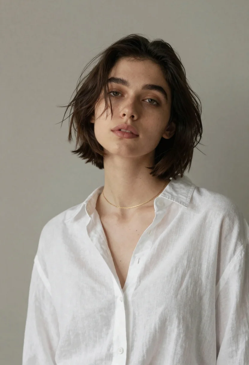 Subject Young Woman With Dark Brown Short Hair Styled Choppy reference photo