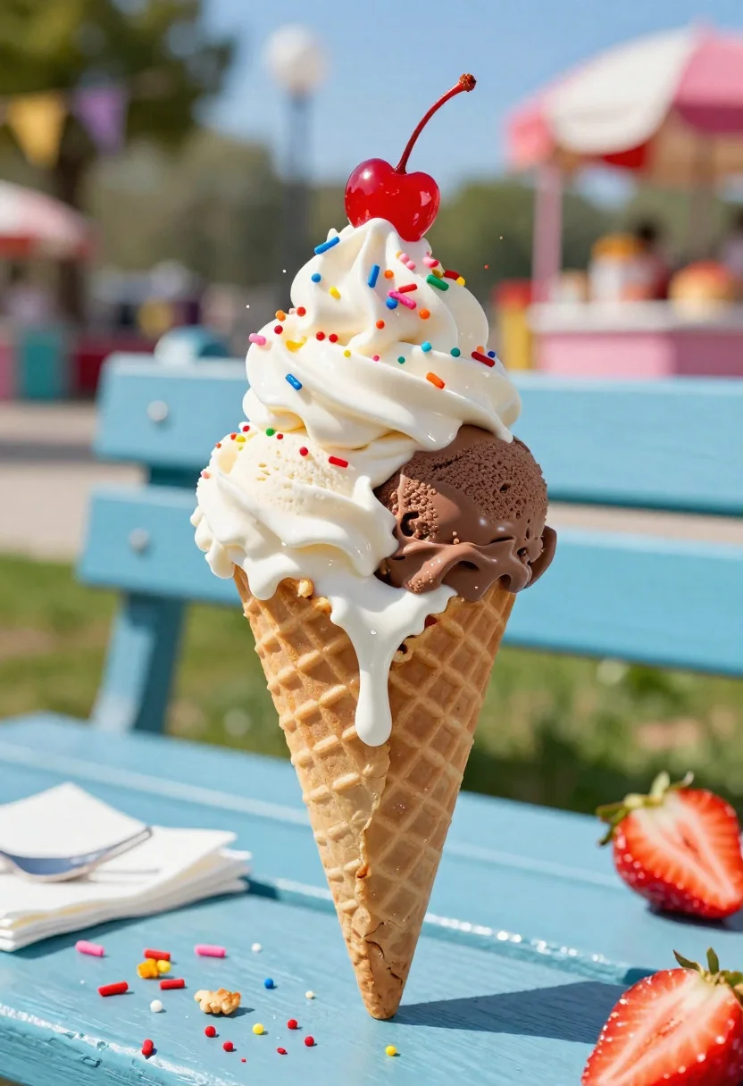 Food Photography Shot Classic Ice Cream Cone With Creamy Swirled reference photo
