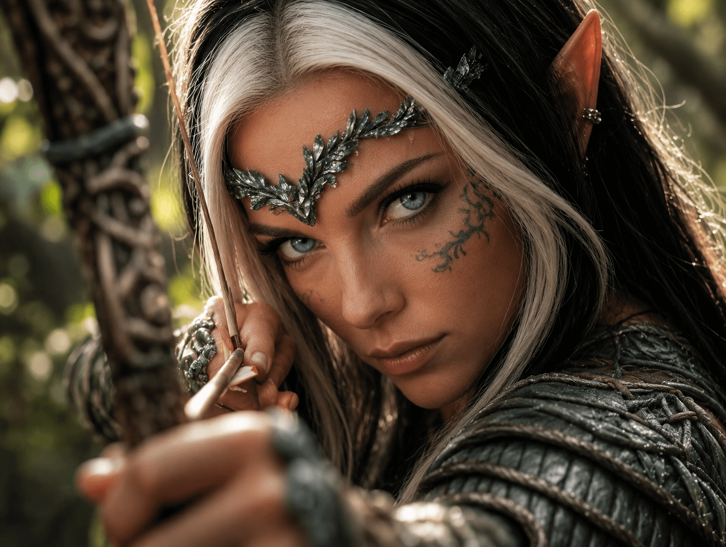 Elf Archer Aiming Bow Sun Drenched Forest Bokeh