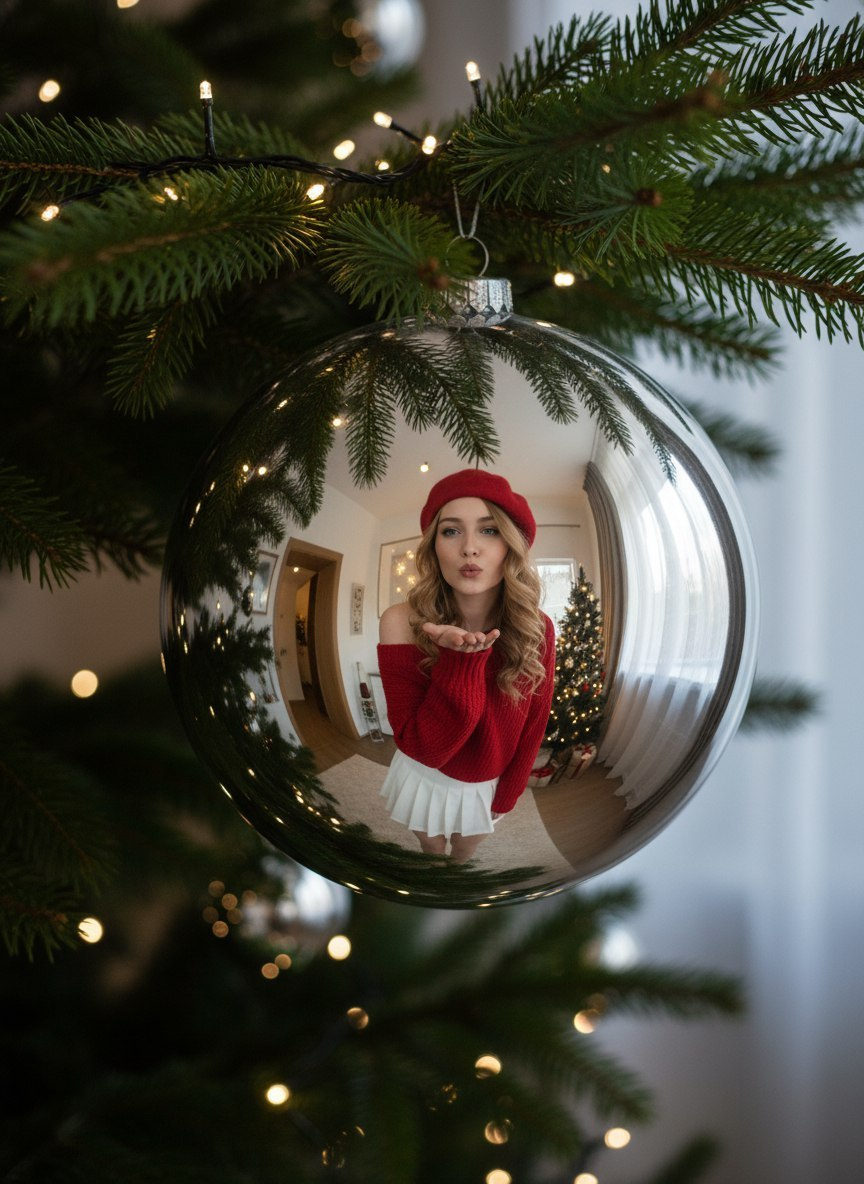 A woman blowing a kiss wearing a red sweater and beret, reflected in a large silver glass ball on a spruce branch.