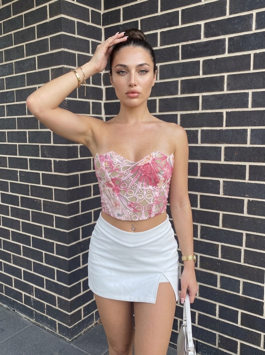 Floral Lace Corset And White Mini Skirt