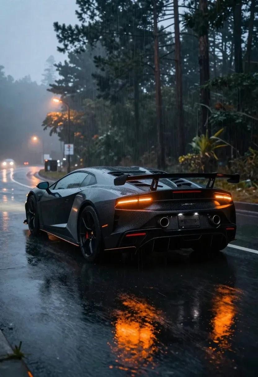 Cinematic Close-up Sleek Black Sports Car Parked Wet Asphalt Road
