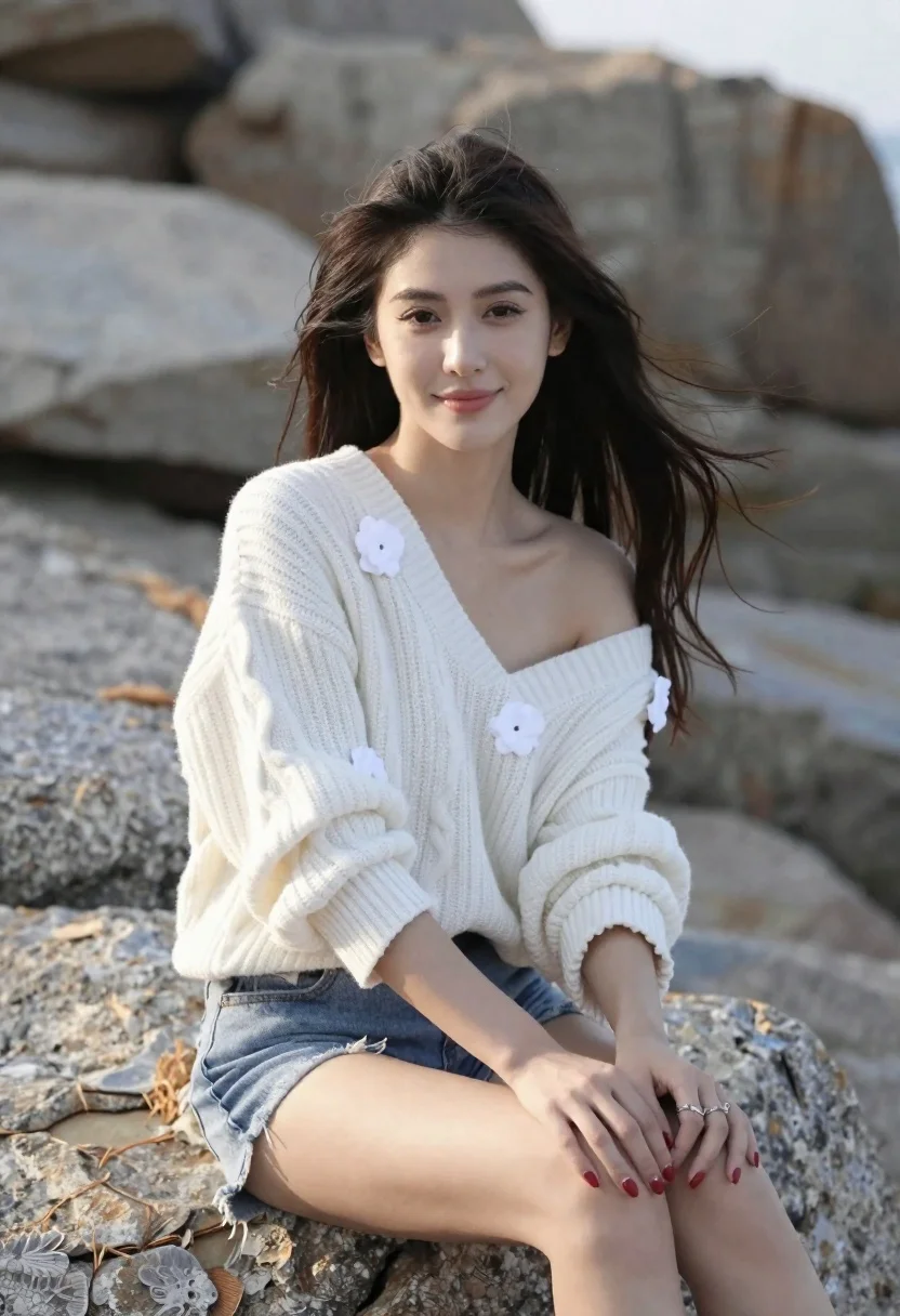 Woman With Long Dark Hair Sits Large Rock Outdoor Setting reference photo