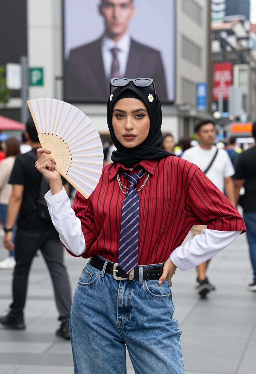 Stylish woman confidently standing in busy city street holding a white decorative fan, soft daylight illuminating the scene.