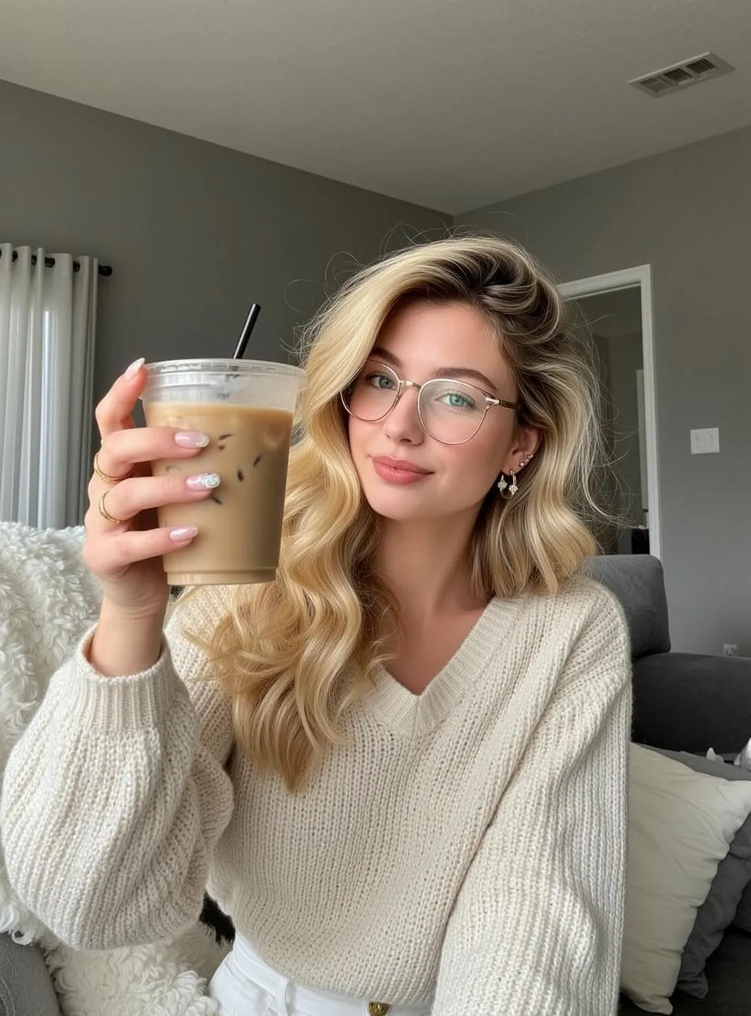 Woman With Iced Coffee Gentle Smile