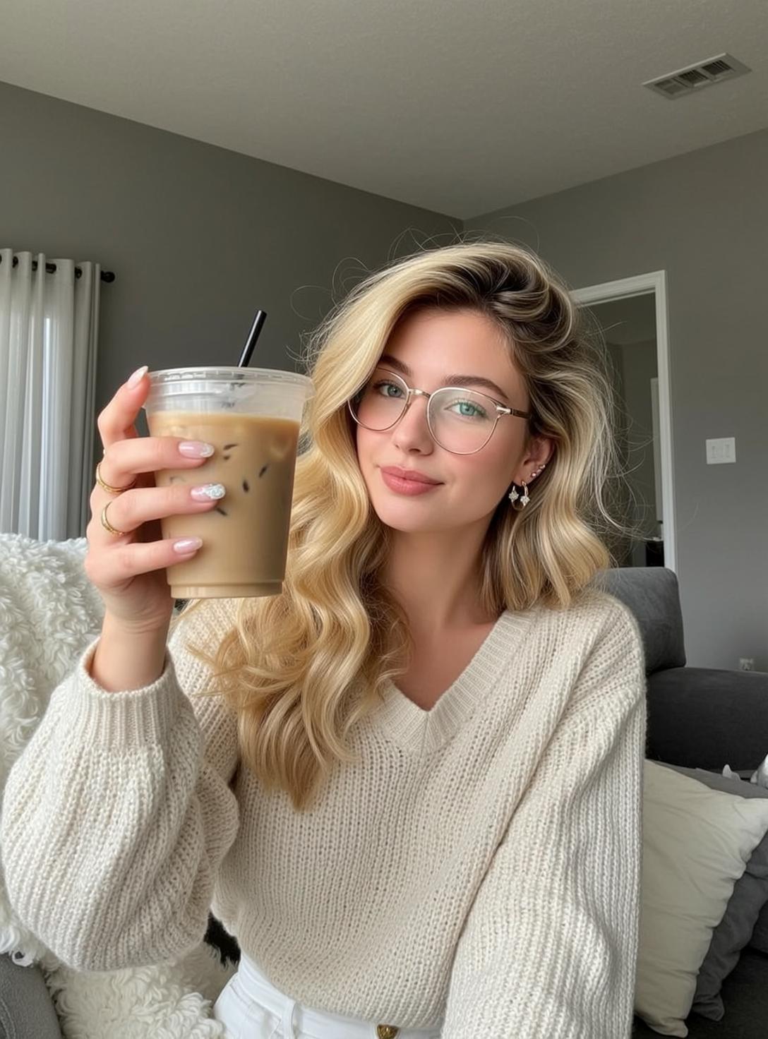 Woman With Iced Coffee Gentle Smile