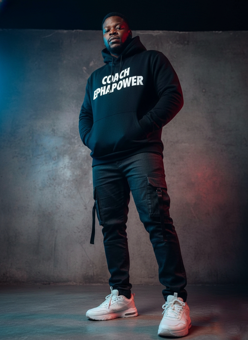 A young male model in an oversized black hoodie displays confidence in a dynamic Nike-inspired advertisement with vibrant neon lighting.