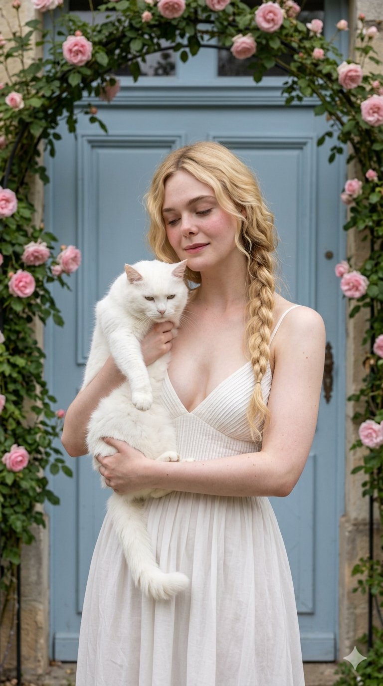 White Dress Pink Roses Fluffy Cat Centered