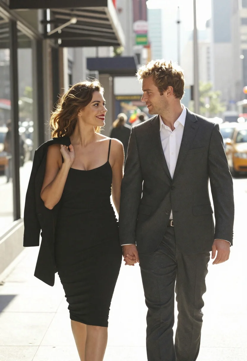 Romantic Urban Street Scene With Couple Walking Side-by-side Through Bright reference photo