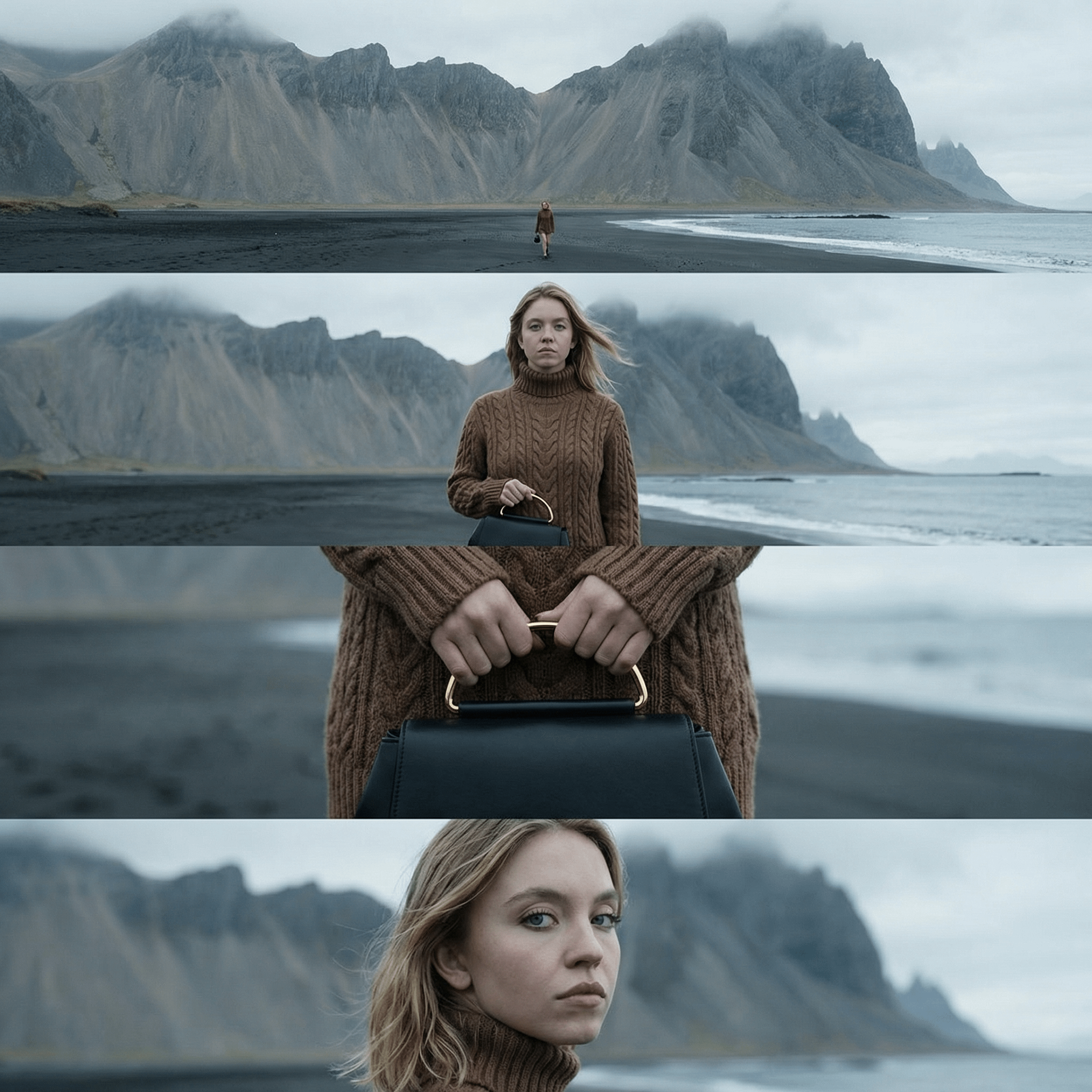 A person walking on a black sand beach towards misty, jagged mountains under an overcast sky, captured in photorealistic detail.
