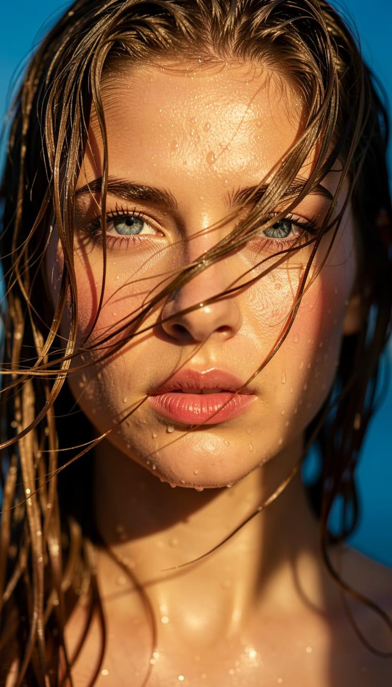 Wet Honey Hair Striking Eyes Warm Golden Light