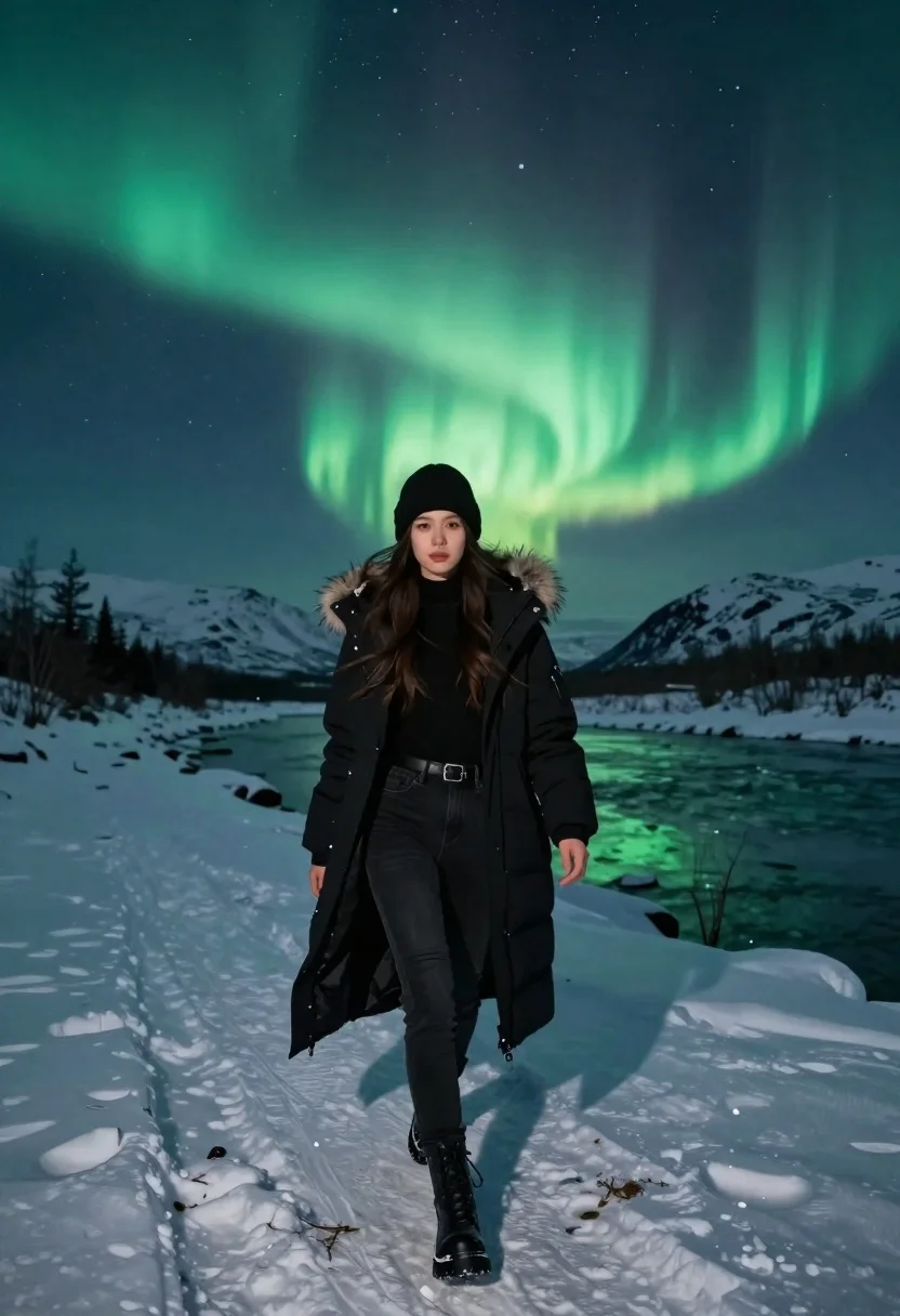 Young Woman Walks Forward Along Snowy Path Beside Frozen River