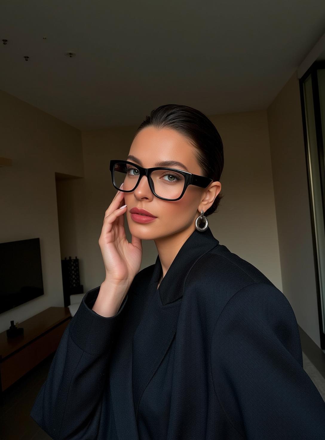 Black Blazer Glasses Hand Pose