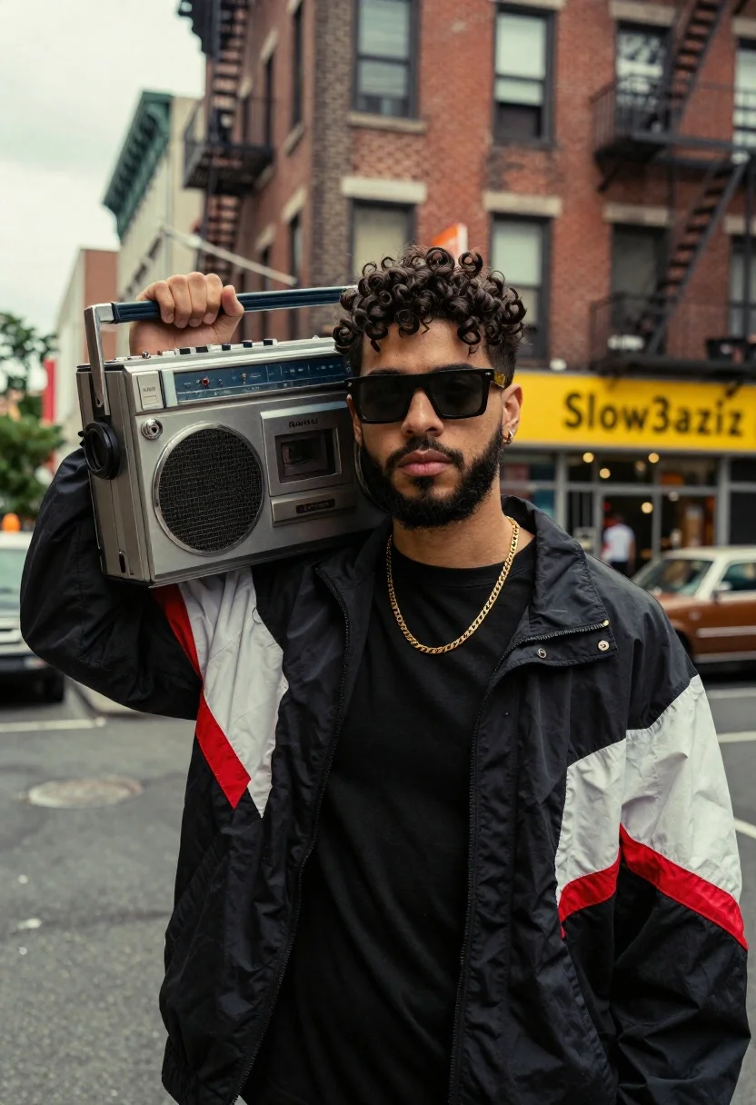 Young Man With Dark Curly Hair And Beard Stands Urban