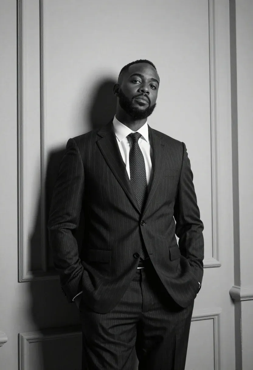 Confident Man Pinstripe Suit Stands Leaning Against Wall With His