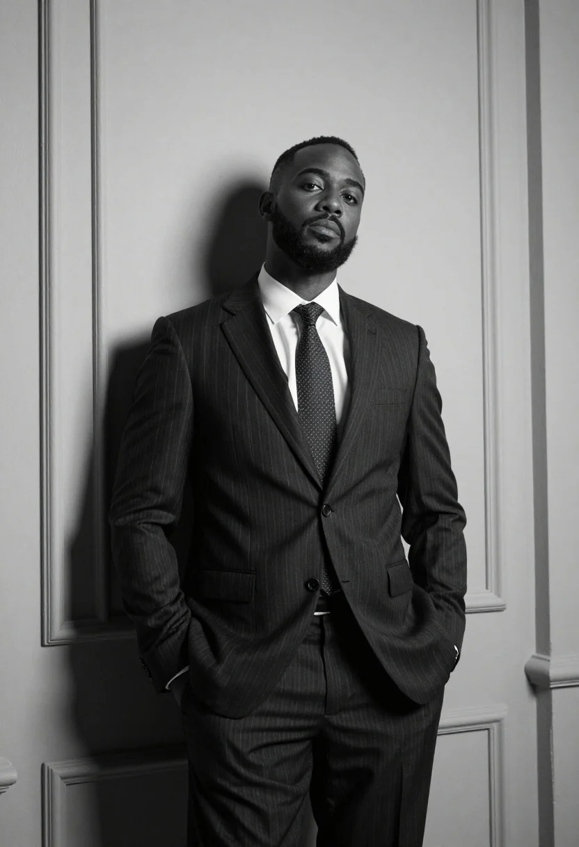 Confident Man Pinstripe Suit Stands Leaning Against Wall With His