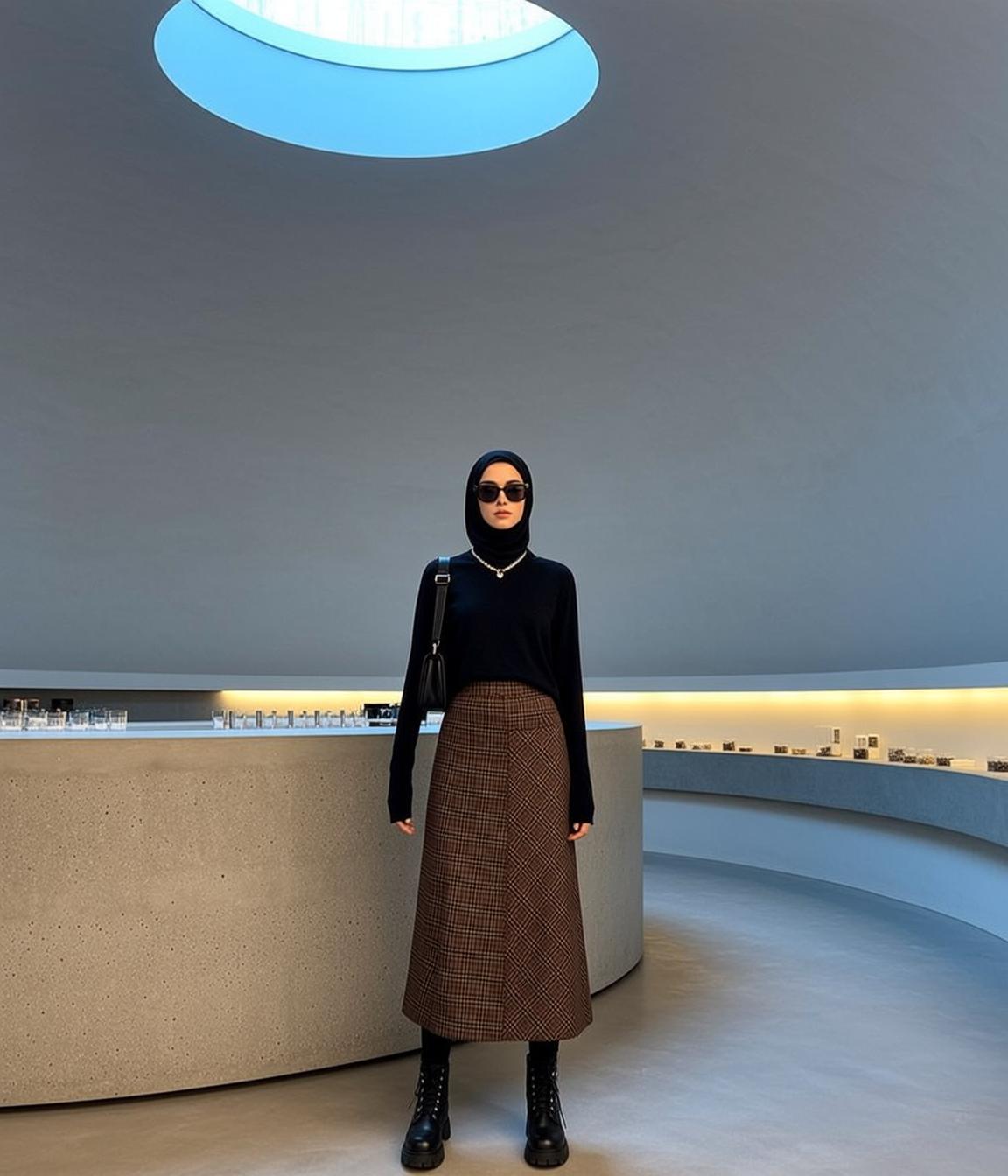 Black Tights Black Turtleneck Modern Interior Concrete Floor Counter