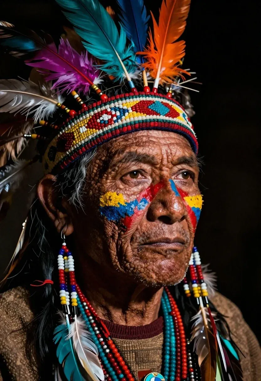 Portrait Elderly Indigenous Man With Weathered Skin And Intense Gaze