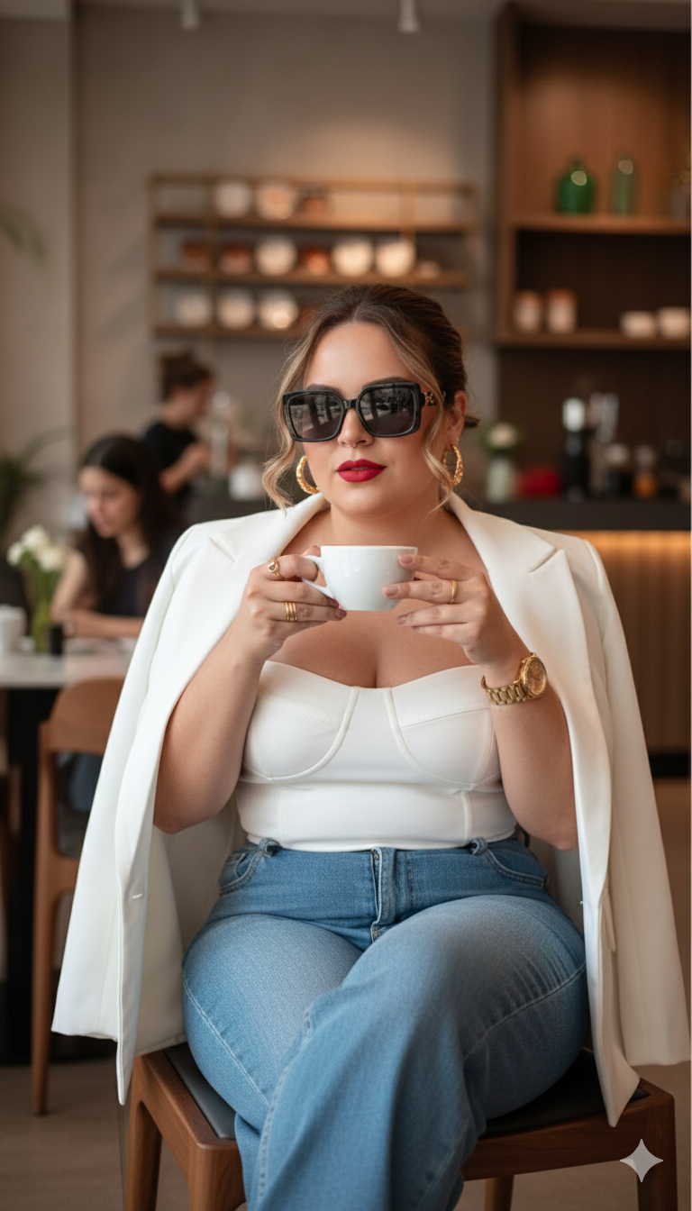 Ultra-realistic portrait of an executive woman seated in a modern cafe, holding a white coffee cup with elegance.
