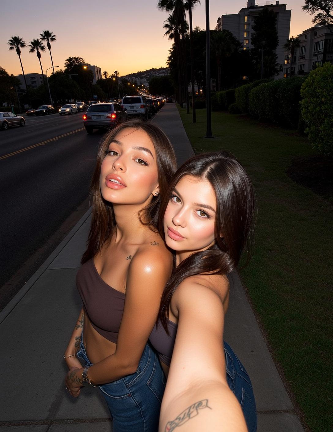 Explore Two Young Women Stand Side-by-side Sidewalk