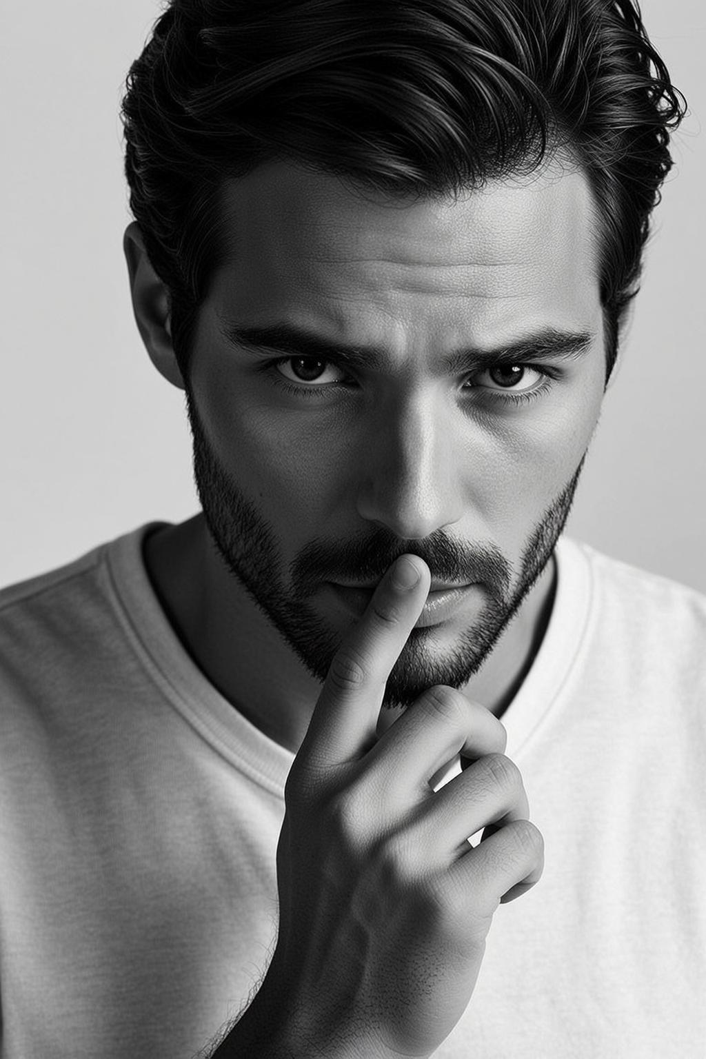 Close-up Head-and-shoulders Portrait Orientation Black And White Photograph Captures Handsome